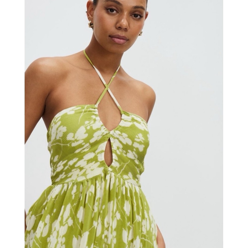 Abercrombie & Fitch Womens XS Pleated Green White Floral Halter Maxi Dress